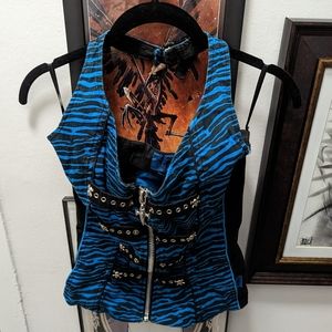 Tripp NYC blue Zebra printcorset halter top zipper grommet Y2K gothic vest style